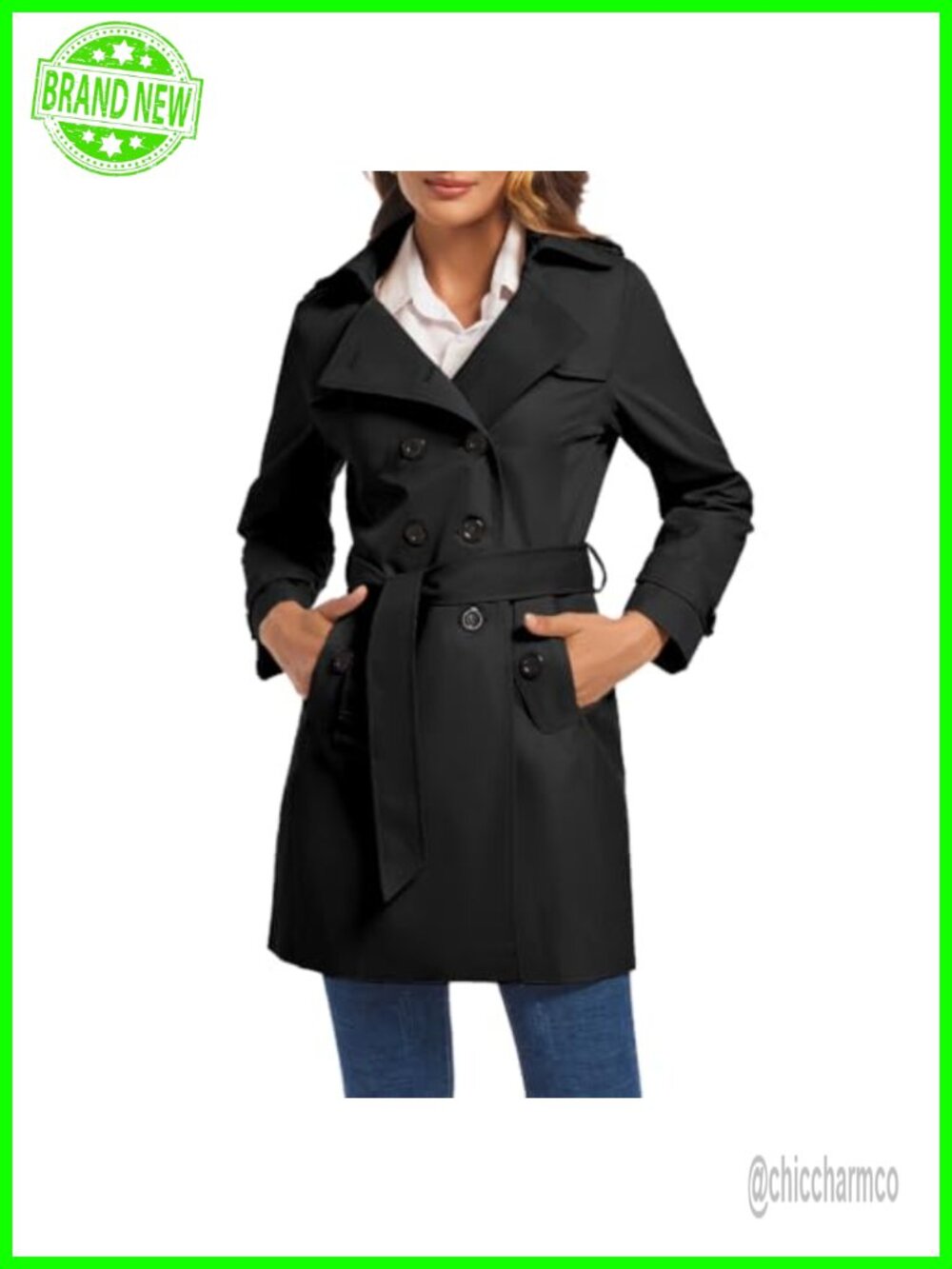 Women's Double Breasted Trench Coat Water Resistant Windbreaker Classic Belted